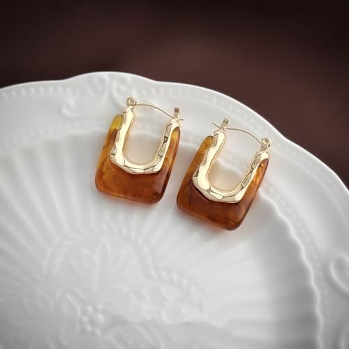 Chunky Acrylic Hoop Earrings Resin Geometric U Shape Hoop Earring Trendy Jewelry Gifts for Women - color: Brown