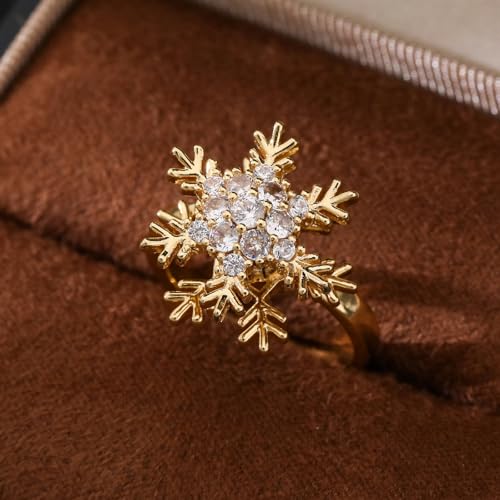 Sunflower Fidget Ring for Women Gold Anxiety Crystal Rings Cubic Zirconia Sunflower Open Adjustable Fidget Ring Spinner Sun Ring for Men Trendy Jewelry - color: Snowflake