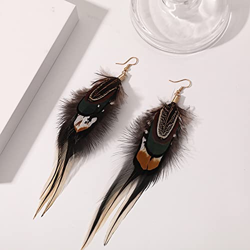 Bohemian Long Feather Earrings for Women Handmade Natural Dangle Tassel Jewelry - color: Style D