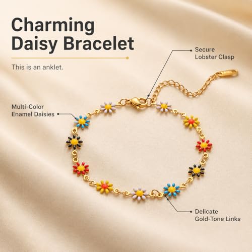 Women's Stainless Steel Daisy Anklet Gold Chain Dainty Flower Ankle Bracelet for Summer Beach Wear - color: Multi-color Daisy