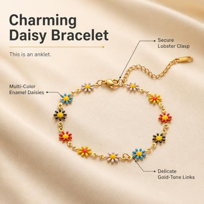 Women's Stainless Steel Daisy Anklet Gold Chain Dainty Flower Ankle Bracelet for Summer Beach Wear - color: Multi-color Daisy