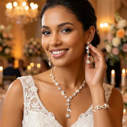 Silver Wedding Jewelry Sets Rhinestone Necklace Earrings Bracelet Set Prom Formal Costume Jewelry for Women and Brides - color: Gold