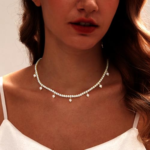 Luxval Tennis Necklace 14K Gold Plated Rhinestone Butterfly Choker Necklaces for women Dainty Zirconia Cut Faux Diamond chain 3mm - color: Gold-Pearl dangle tennis