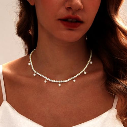 Luxval Tennis Necklace 14K Gold Plated Rhinestone Butterfly Choker Necklaces for women Dainty Zirconia Cut Faux Diamond chain 3mm - color: Gold-Pearl dangle tennis