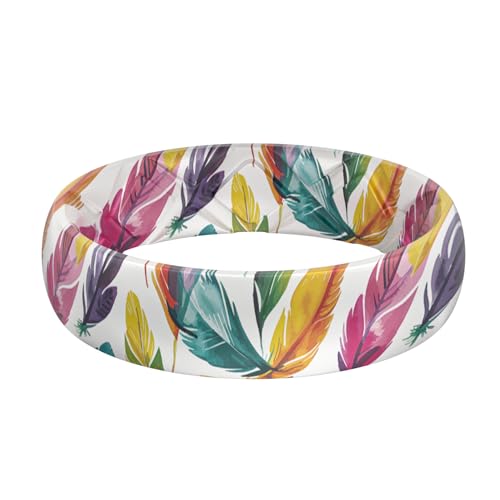 Egnaro Silicone Statement Ring Women, Floral Patterned Rubber Wedding Band | 5.2mm Wide 2mm Thick Printed Style, Inner Arch and Breathable X Grooves for Gym Workout Travel Work Pregnancy Daily Wear - color: SETR-Colorful Feather