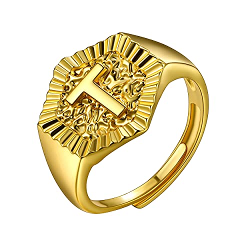 U7 Initial Ring Wedding Band for Men Women 18K Gold Plated Statement Hexagon A-Z Letter Jewelry Personalized Stackable Signet Rings - color: T