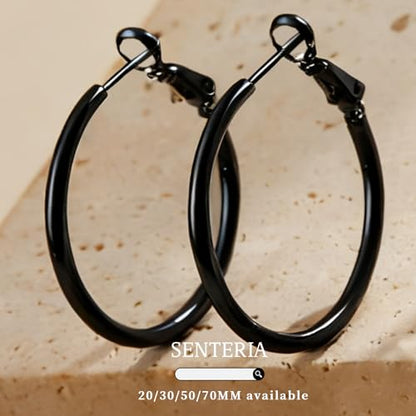 Senteria 2mm Thin 925 Sterling Silver Hoop Earrings for Women Hypoallergenic - color: black 50mm