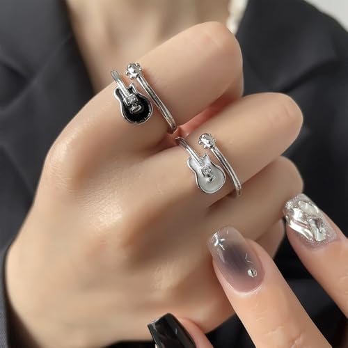 Adjustable Leaf Stackable Rings for Women Cubic Zirconia Stones Blue Leaves Purple Flower Open Band Stacking Finger Sliver Rings Fashion Plant Floral Aesthetic CZ Jewelry - color: black guitar