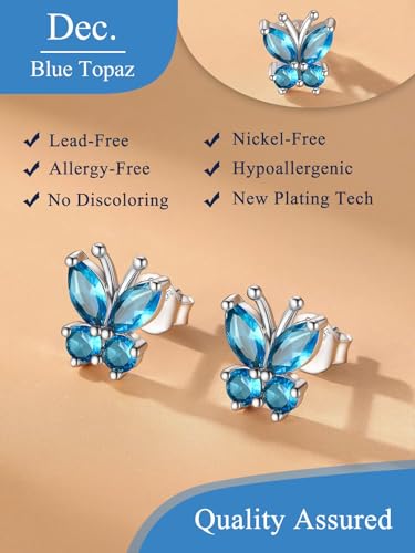 Suplight Butterfly Stud Earrings 925 Sterling Silver 14K Gold Brithstone Earrings for Women Brithstone Jewelry Gifts - color: 12.December (Blue Topaz), size: Silver