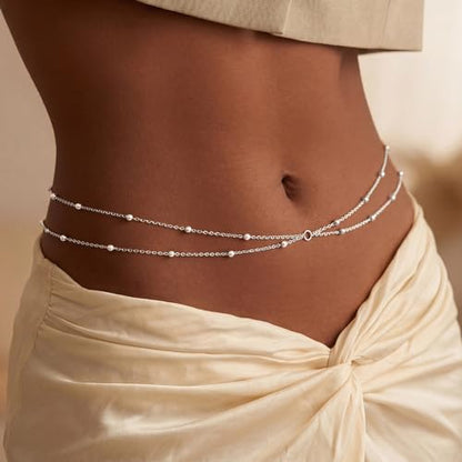 Layered Waist Chain for Women Waterproof, 14K Gold/Silver Plated Belly Chain Belt Waist Beads Chain Herringbone Snake Satellite Body Chain Beach Summer Fashion Jewelry Gift - style: Style 2-Silver
