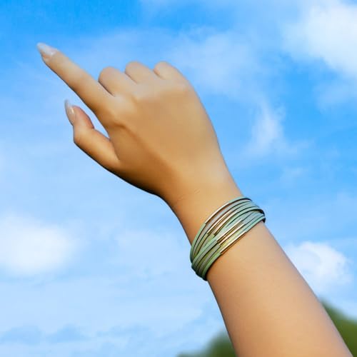 Gold Tube Leather Wrap Bracelets Boho Chunky Stackable Layered Western Cuff | Stacked Bohemian Cool Magnetic Clasp Bangles Statement Cowgirl Hippie Country Festival Accessories for Women Trendy - color: Mint