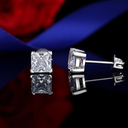 925 Sterling Silver 2-4 Carat Lab Simulation-Diamond Stud Earrings 5A Cubic Zirconia Stud Earrings Hypoallergenic White Gold Plated, Perfect Jewelry Gifts - style: Princess Cut 6MM
