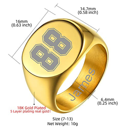 GoldChic Jewelry Personalized Signet Rings Men Women, Stainless Steel Custom Photo Bold Square/Oval Monogram/Old English Initial Pinky Stacking Statement Ring in Black/Silver/Gold (Size 7-14) - color: Gold-Number -Round