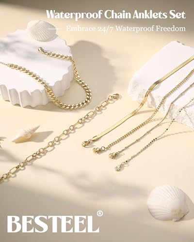 Besteel Ankle Bracelets for Women Waterproof 14K Gold Plated Anklets Set | Non Tarnish Stainless Steel, Plus Size Adjustable 8-12 Inch, Hypoallergenic Layered Cuban Link Chain Summer Foot Jewelry Gift - style: 6 Pcs Gold Bead-8.5+2.5 Inch