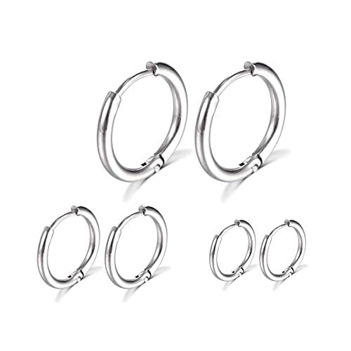 Surgical Stainless Steel Hoop Earrings 8mm/10mm/12mm Small Huggie Hoop Earrings for Women and Men - color: D: Silver (Diameter 8mm/10mm/12mm),3 Pairs