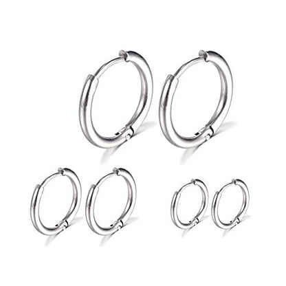 Surgical Stainless Steel Hoop Earrings 8mm/10mm/12mm Small Huggie Hoop Earrings for Women and Men - color: D: Silver (Diameter 8mm/10mm/12mm),3 Pairs