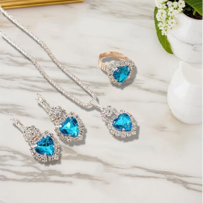 Jewelry Set for Women Love Heart Alloy Artificial Crystal Earrings Pendant Necklace Ring Wedding Party Prom Anniversary Birthday Engagement for Bridal Bridesmaid Girlfriend - color: blue Heart