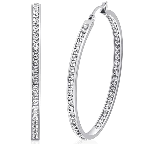 2 Inch Earrings for Women, Large Hoop Earrings for Women Rhinestone Crystal Stainless Steel Earrings - color: Silver