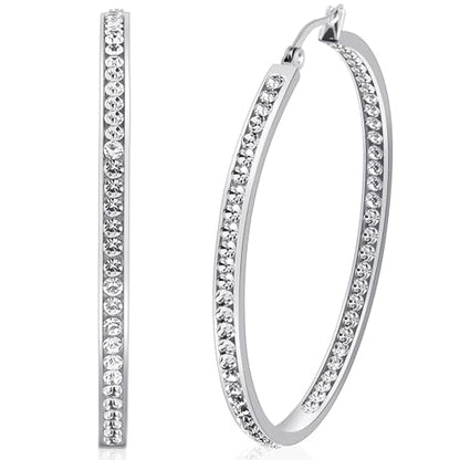 2 Inch Earrings for Women, Large Hoop Earrings for Women Rhinestone Crystal Stainless Steel Earrings - color: Silver