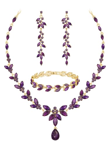 Paxuan Wedding Jewelry Sets for Bride Bridesmaid Bridal Jewelry Set for Women Wedding Crystal Necklace Earrings Bracelet Set for Party Prom Jewelry - color: Purple - Gold