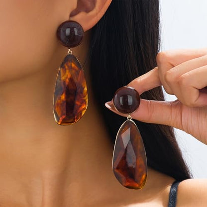 Vintage Brown Statement Earrings for Women Dangling Chunky Resin Earrings Big Water Drop Geometric Studs Boho Earrings Hypoallergenic Jewelry Gifts