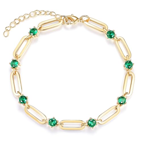 Paperclip Bracelet for Women Couple Bracelets with CZ Chain Strand Jewelry Gift for Girls - color: Style 1-Emerald-Golden