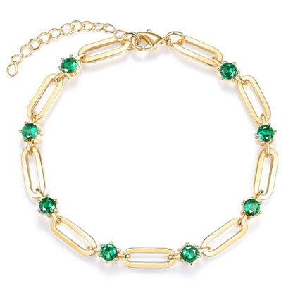 Paperclip Bracelet for Women Couple Bracelets with CZ Chain Strand Jewelry Gift for Girls - color: Style 1-Emerald-Golden