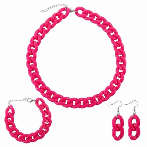 3 Pcs Acrylic Chunky Necklace Bracelet Earrings Set for Women, Bold Cuban Link Choker Necklace, Colorful Statement Jewelry Accessories for Party Outfit - color: Rose Red