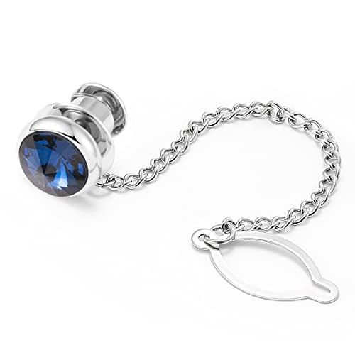 Tie Pins for Men Silver Tie Pins with Chain, Tie Tack Pins Brooch Personalized Wedding Business Gifts - color: Blue crystal