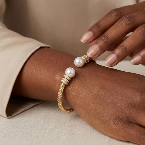 WOWORAMA Twisted Cable Wire Bracelets Two Tone Bangle Bracelet for Women | Stainless Steel, Unisex Gold Silver Bracelet, Mixed Metal Chunky Bangles Jewelry - color: Gold Pearl