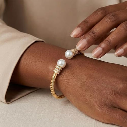 WOWORAMA Twisted Cable Wire Bracelets Two Tone Bangle Bracelet for Women | Stainless Steel, Unisex Gold Silver Bracelet, Mixed Metal Chunky Bangles Jewelry - color: Gold Pearl