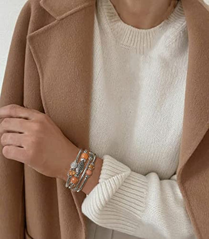 FULU AUTUMN Stackable Beaded Bracelets for Women Boho Wrap Silver Bracelet Layered Fashion Jewelry Gifts for Her - color: Orange