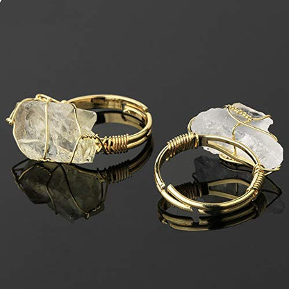 COLORFUL BLING Raw Healing Crystal Natural Stone Ring Statement Copper Wire Wrapped Irregular Crystal Gemstone Adjustalble Ring Jewelry for Women - color: Clear,Quartz