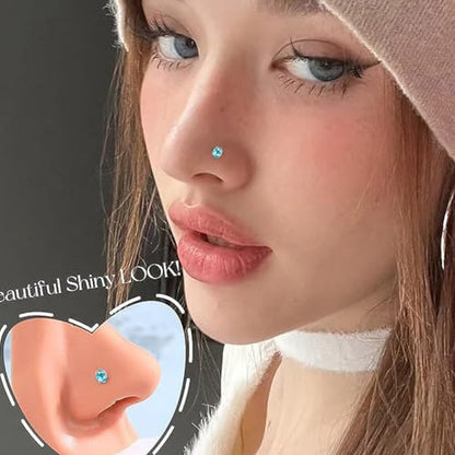 9PCS 20g Stainless Steel 316L Nose Studs Set | Hypoallergenic L-Shaped Screw & Bone Nose Rings, Round Heart Star Pink Cubic Zirconia Nose Piercing Jewelry for Women Men - style: studs004