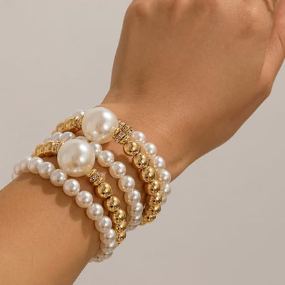 GIGB PBDK Chunky Pearl Bracelets for Women Stackable Gold Pearl Beaded Stretch Bracelets Exaggerated Big Pearl Ball Bracelet Set Trendy Birthday Jewelry Gifts - color: Gold