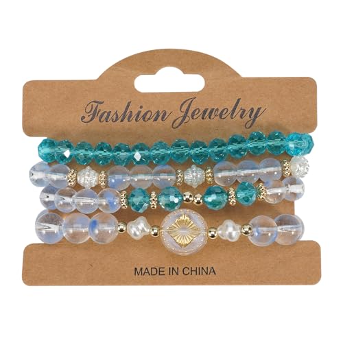 Boho Beaded Bracelet Set for Women - 4 Pcs Multilayer Stackable Crystal Glass Bead Bracelets with Faux Pearl Elastic Stretch Fashion Jewelry for Daily Wear, Beach, Party & Gifts - color: Green