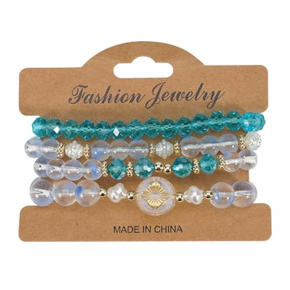 Boho Beaded Bracelet Set for Women - 4 Pcs Multilayer Stackable Crystal Glass Bead Bracelets with Faux Pearl Elastic Stretch Fashion Jewelry for Daily Wear, Beach, Party & Gifts - color: Green
