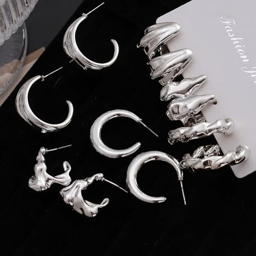 IFKM 24 Pairs Gold Hoop Earrings Set for Women Hypoallergenic Chunky Chain Twisted Open Hoops Dangle Earring Packs for Birthday Party Christmas Fashion Jewelry Gift - color: 9 Pairs Silver Style 2