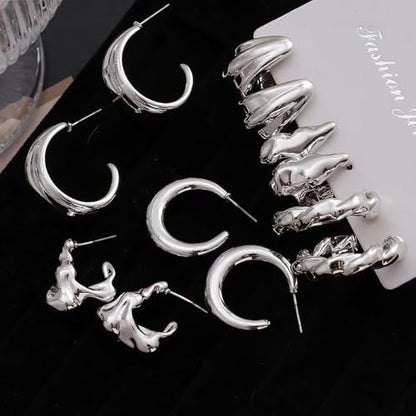 IFKM 24 Pairs Gold Hoop Earrings Set for Women Hypoallergenic Chunky Chain Twisted Open Hoops Dangle Earring Packs for Birthday Party Christmas Fashion Jewelry Gift - color: 9 Pairs Silver Style 2