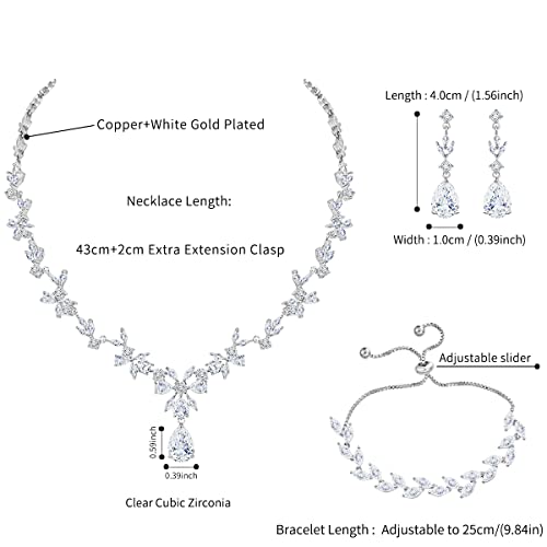 Bridal Wedding Jewelry CZ Set Marquise Teardrop Cubic Zirconia Pendant Necklace and Dangle Earring Bracelet Sets for Women - color: White Gold plated