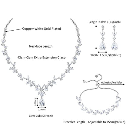 Bridal Wedding Jewelry CZ Set Marquise Teardrop Cubic Zirconia Pendant Necklace and Dangle Earring Bracelet Sets for Women - color: White Gold plated