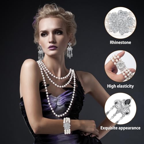 1920s Pearl Jewelry Set - Long Pearl Necklace, Earring Set, Multilayer Bracelet - Flapper Accessories for Women - color: Retro