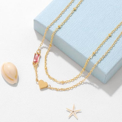 Birthstone Anklet with Heart Charm Layer Ankle Bracelet for Women, 14K Gold Plated Adjustable Chain Stackable Trendy Jewelry Gift for Her, Mom, Friend, Wife - style: 7-July