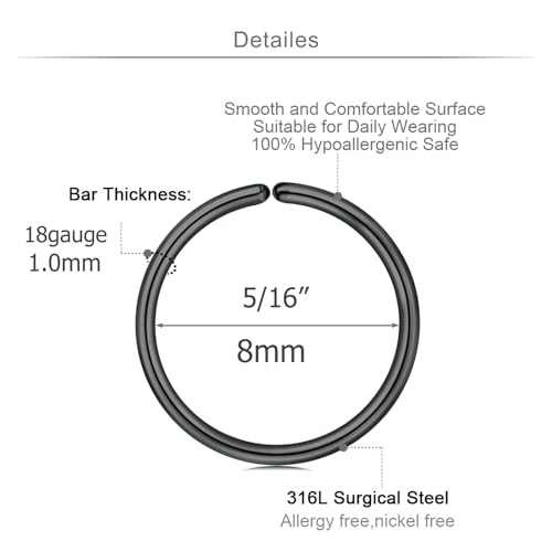 18 Nose Rings Studs Surgical Stainless Steel Hypoallergenic L Shaped Nose Piercing Jewelry for Women Men Silver Black Nostril Hoop Rings 18 Gauge - style: C5