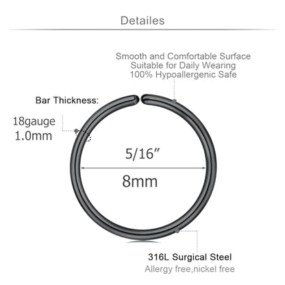 18 Nose Rings Studs Surgical Stainless Steel Hypoallergenic L Shaped Nose Piercing Jewelry for Women Men Silver Black Nostril Hoop Rings 18 Gauge - style: C5