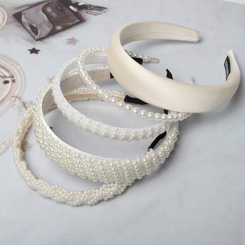 Cuizhiyu White Pearl Headbands for Women Girls Cute Pearl Dainty Headbands | Bling Faux Pearls Hairbands, Wedding Hair Accessories, Hair Hoop, Pearl Beaded Headband, White Padded Headbands,5 Pack - color: Color A