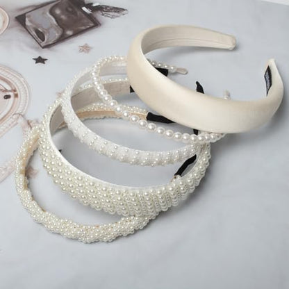 Cuizhiyu White Pearl Headbands for Women Girls Cute Pearl Dainty Headbands | Bling Faux Pearls Hairbands, Wedding Hair Accessories, Hair Hoop, Pearl Beaded Headband, White Padded Headbands,5 Pack - color: Color A