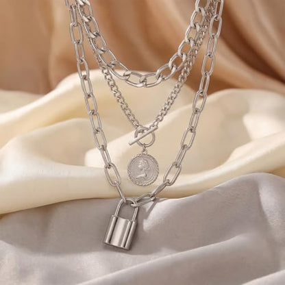 9-Piece Gold Tone Layered Chain Necklace Set for Women, Versatile Stackable Necklaces with Vertical Bar/Herringbone/Padlock Coin Charms, Trendy Boho Jewelry - style: TZY-003360