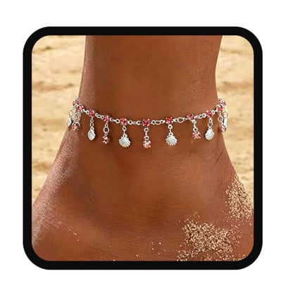 Yalice 925 Silver Plated Charm Chain Ankle Bracelets for Women Dainty Fringe Waterproof Anklets Boho Beach Wedding Foot Jewelry - color: Pink