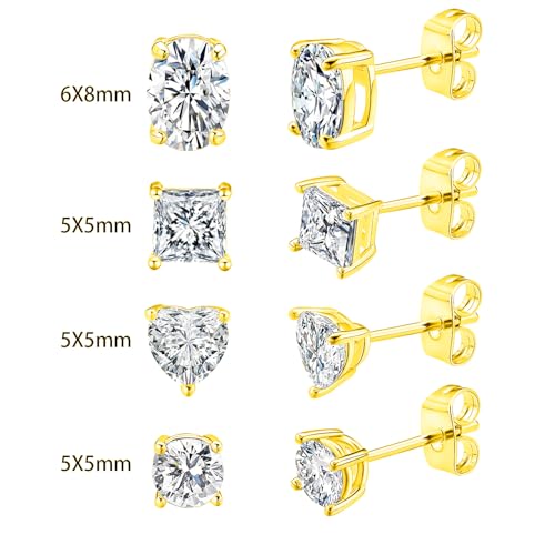 CZ Stud Earrings Set 4 Pairs, Multiple Shapes - Round Heart Princess Cut Oval Clear Cubic Zirconias, White Gold/Rose Gold/Gold - color: Gold